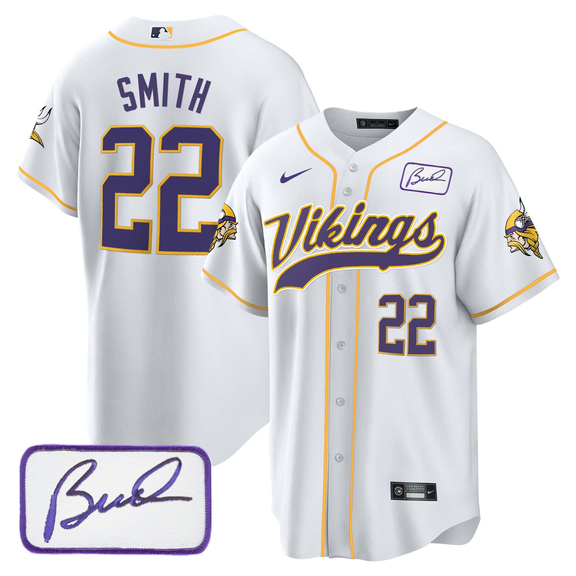 Men Minnesota Vikings 22 Smith White 2024 Nike Bud Grant Patch Classic Baseball NFL Jersey